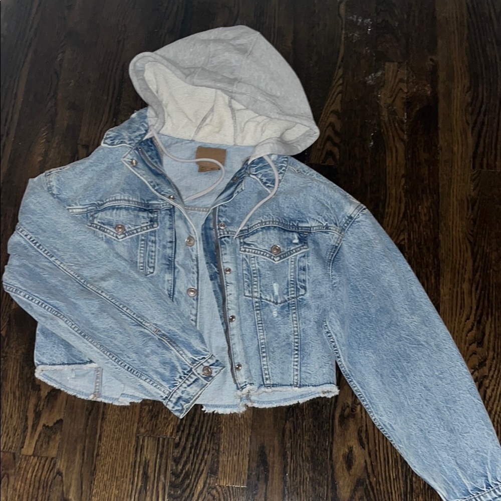 Blue Cropped Slightly Distressed Denim Jacket with Gray Hood